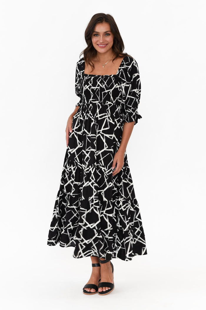 Jonathan Black Geo Shirred Maxi Dress,Brunette model,alt text|model:Brontie
