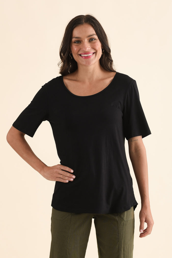 Josephine Black Scoop Neck Tee,Front,Brunette model,alt text|model:Brontie