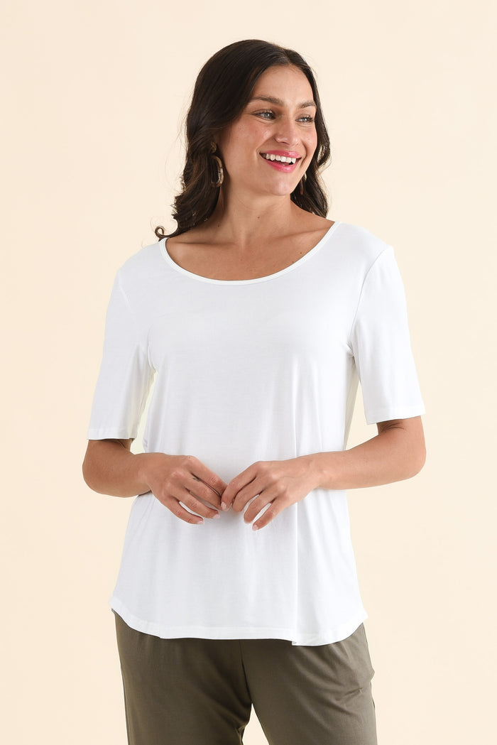 Josephine White Scoop Neck Tee,Front,Brunette model,alt text|model:Brontie