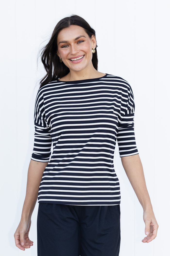Josette Black Stripe Bamboo Top,Brunette model,Lifestyle