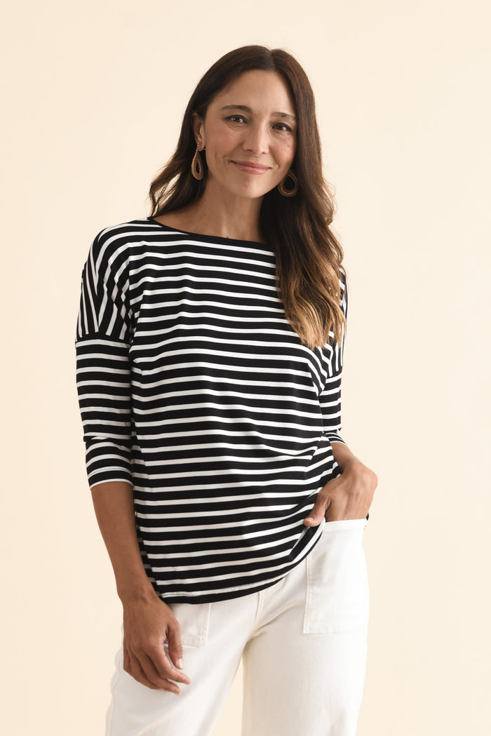 Josette Black Stripe Bamboo Top,Brunette model,alt text|model:Cara