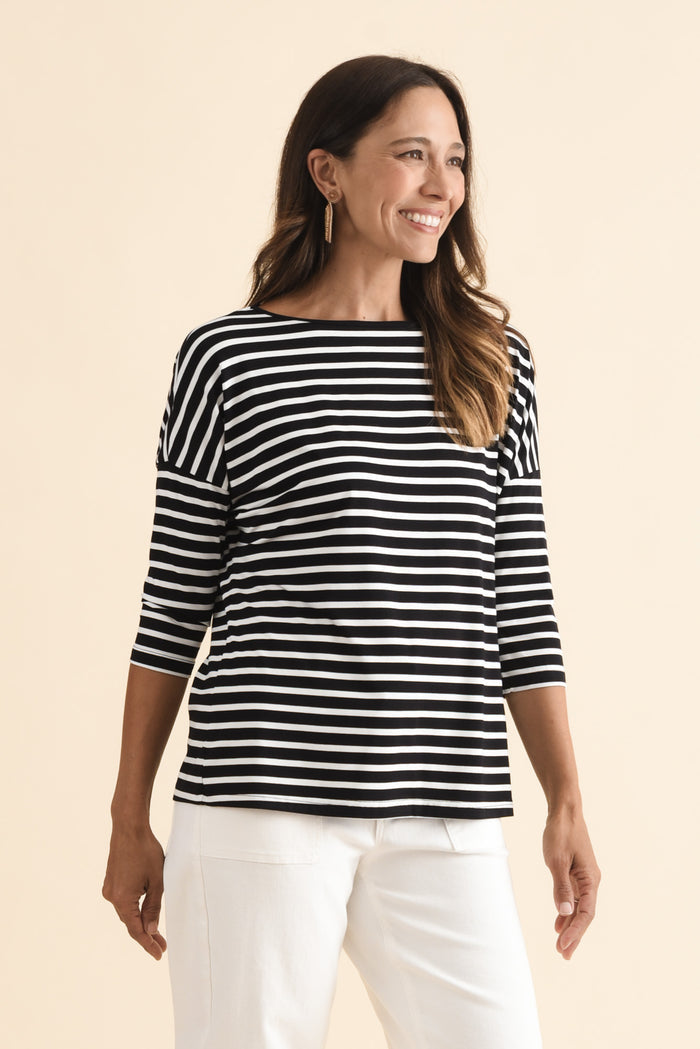 Josette Black Stripe Bamboo Top,Brunette model,alt text|model:Cara