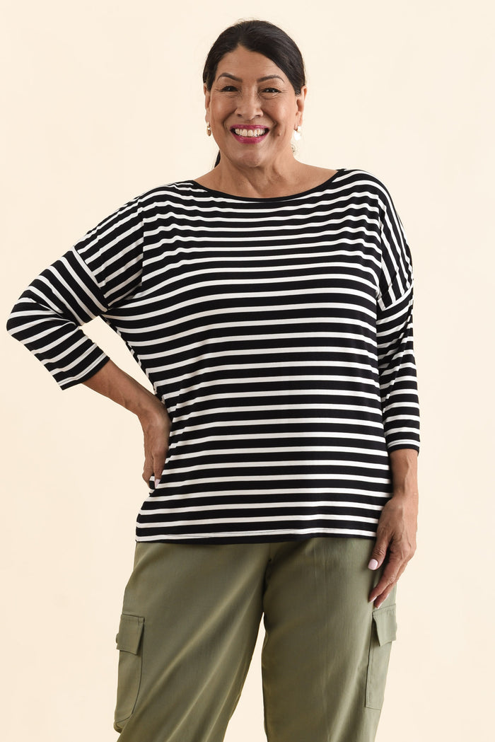 Josette Black Stripe Bamboo Top,Front,Brunette model,alt text|model:Pilita
