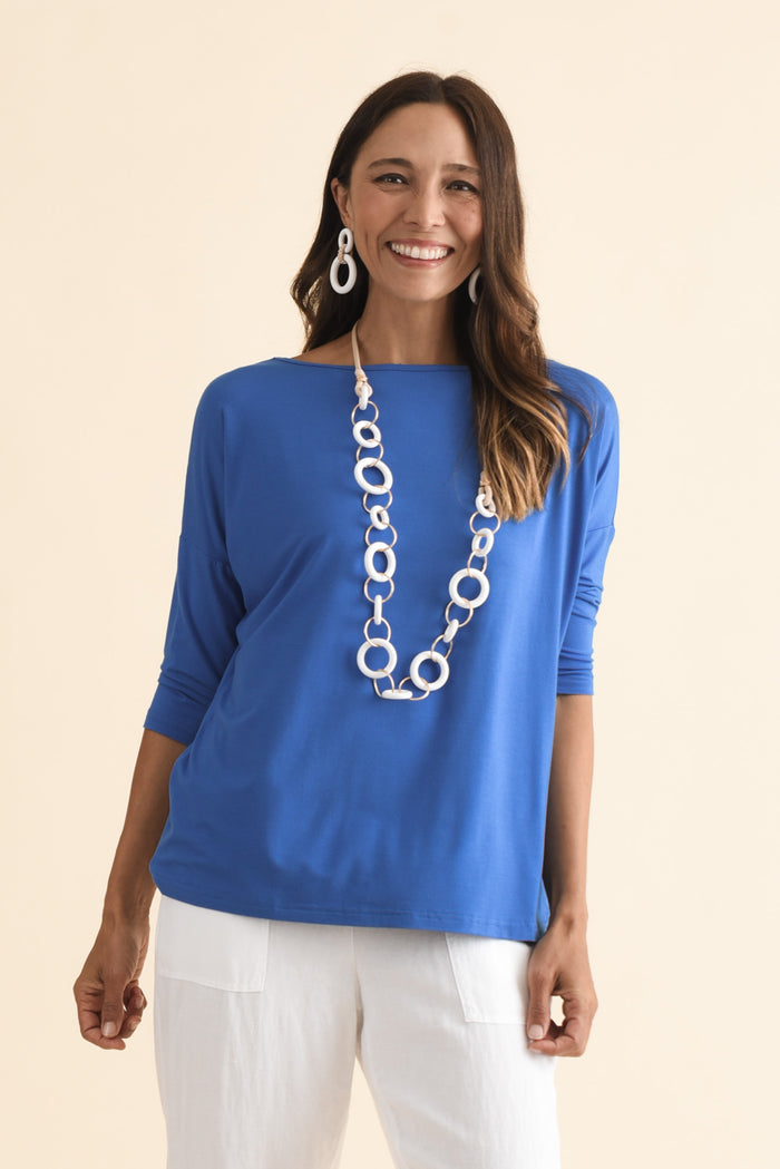 Josette Blue Bamboo Top,Brunette model,alt text|model:Cara