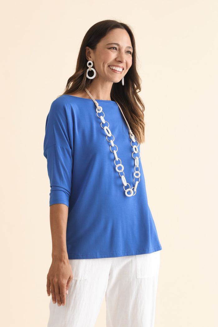 Josette Blue Bamboo Top,Brunette model,alt text|model:Cara
