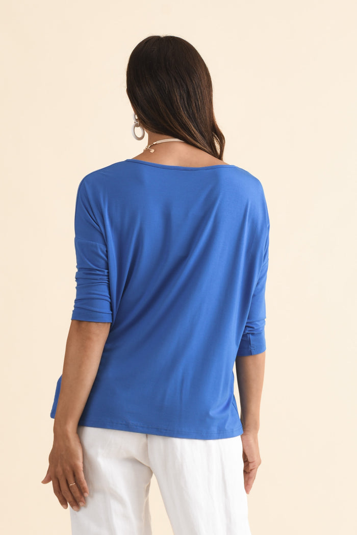 Josette Blue Bamboo Top,Brunette model,alt text|model:Cara