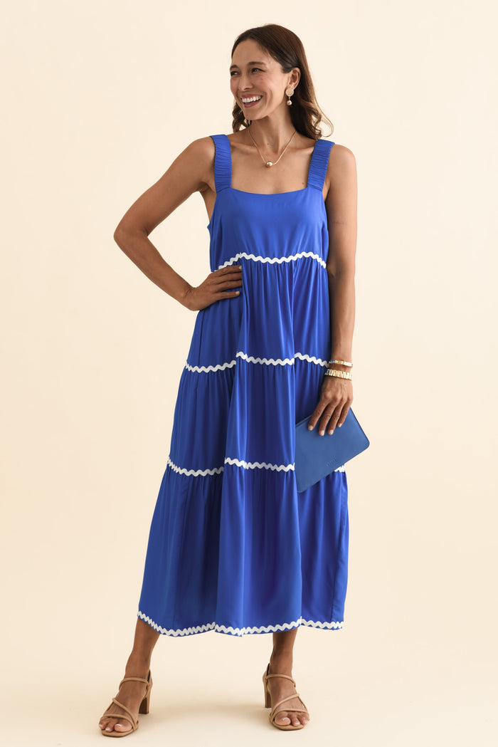Josie Cobalt Contrast Tier Dress,Brunette model,alt text|model:Cara