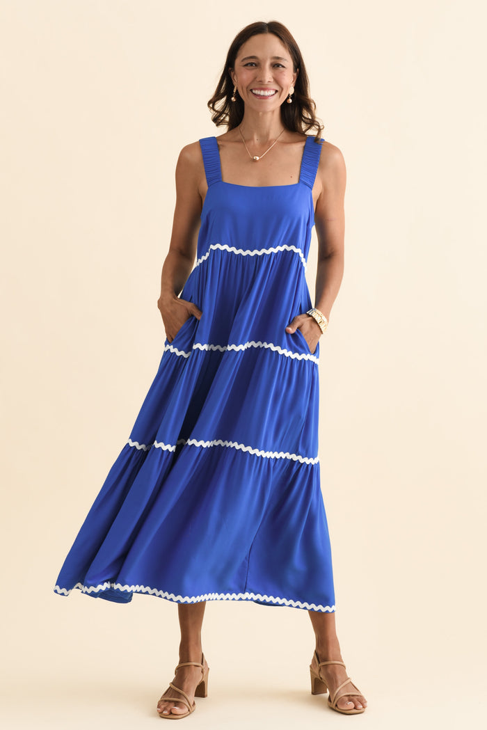 Josie Cobalt Contrast Tier Dress,Brunette model,alt text|model:Cara