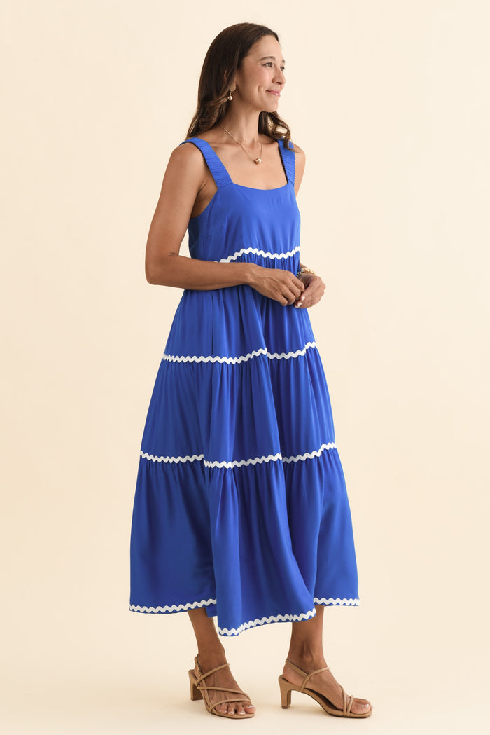 Josie Cobalt Contrast Tier Dress,Brunette model,alt text|model:Cara