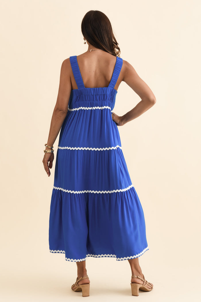Josie Cobalt Contrast Tier Dress,Brunette model,alt text|model:Cara