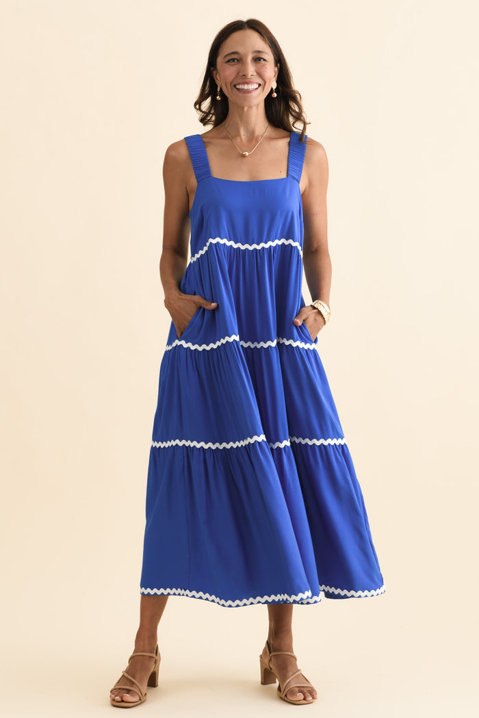 Josie Cobalt Contrast Tier Dress,Brunette model,alt text|model:Cara