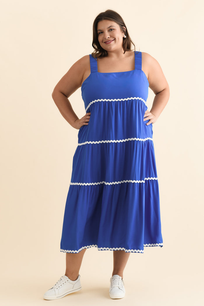 Josie Cobalt Contrast Tier Dress,Brunette model,plus-size,curve-dresses,plus-size-sleevless-dresses,plus-size-midi-dresses,plus-size-evening-dresses,plus-size-wedding-guest-dresses,plus-size-cocktail-dresses,plus-size-formal-dresses,plus-size-mother-of-the-bride-dresses,plus-size-race-day-dresses,plus-size-sleeveless-tops,plus-size-summer-dresses,alt text|model:Gabby
