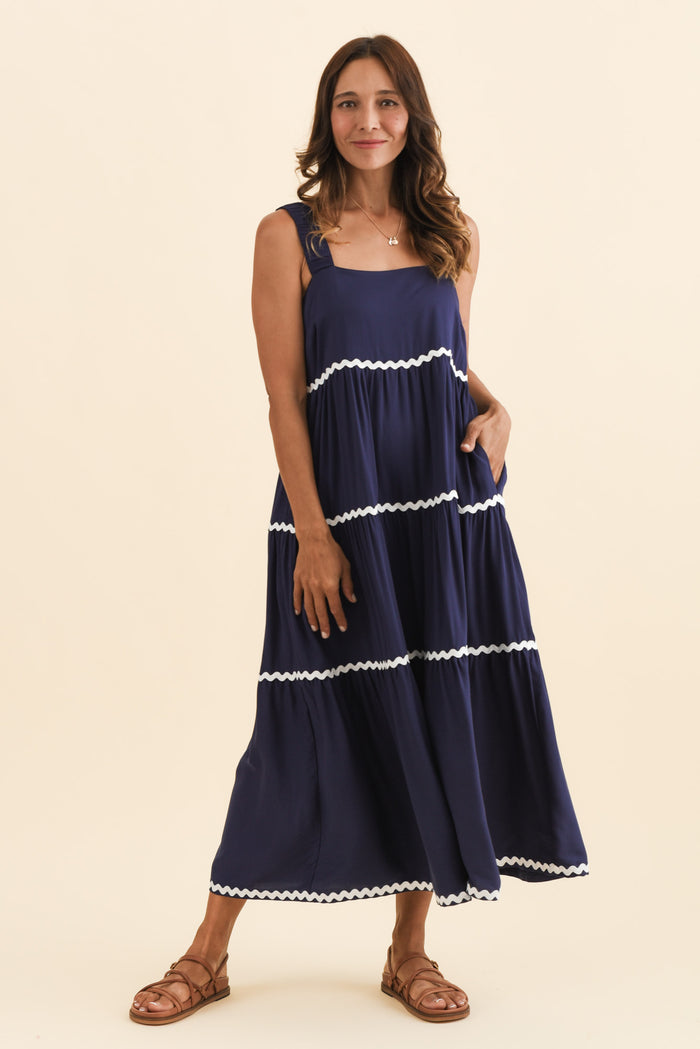 Josie Navy Contrast Tier Dress,Brunette model,alt text|model:Cara