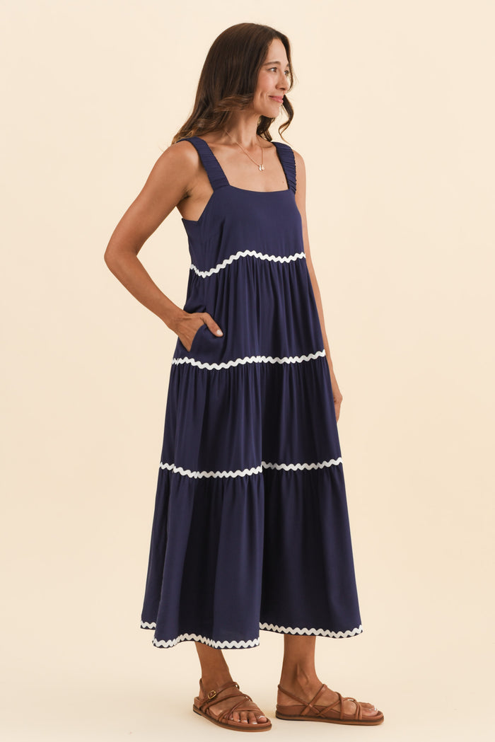 Josie Navy Contrast Tier Dress,Brunette model,alt text|model:Cara
