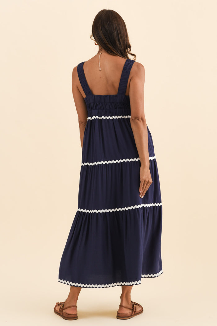 Josie Navy Contrast Tier Dress,Brunette model,alt text|model:Cara