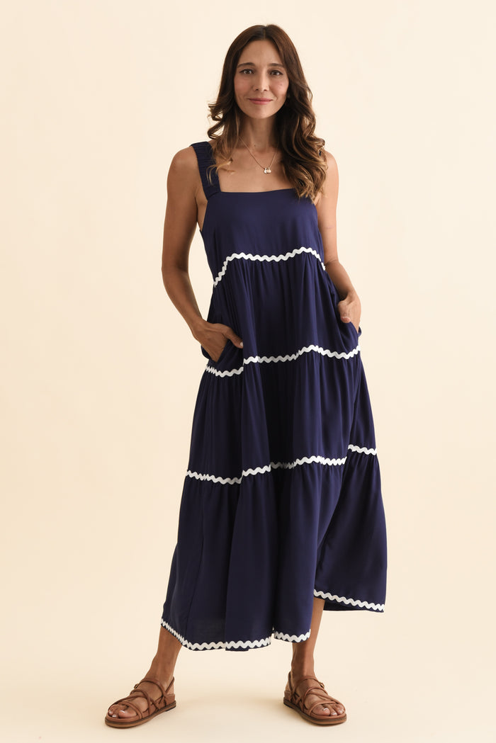 Josie Navy Contrast Tier Dress,Brunette model,alt text|model:Cara