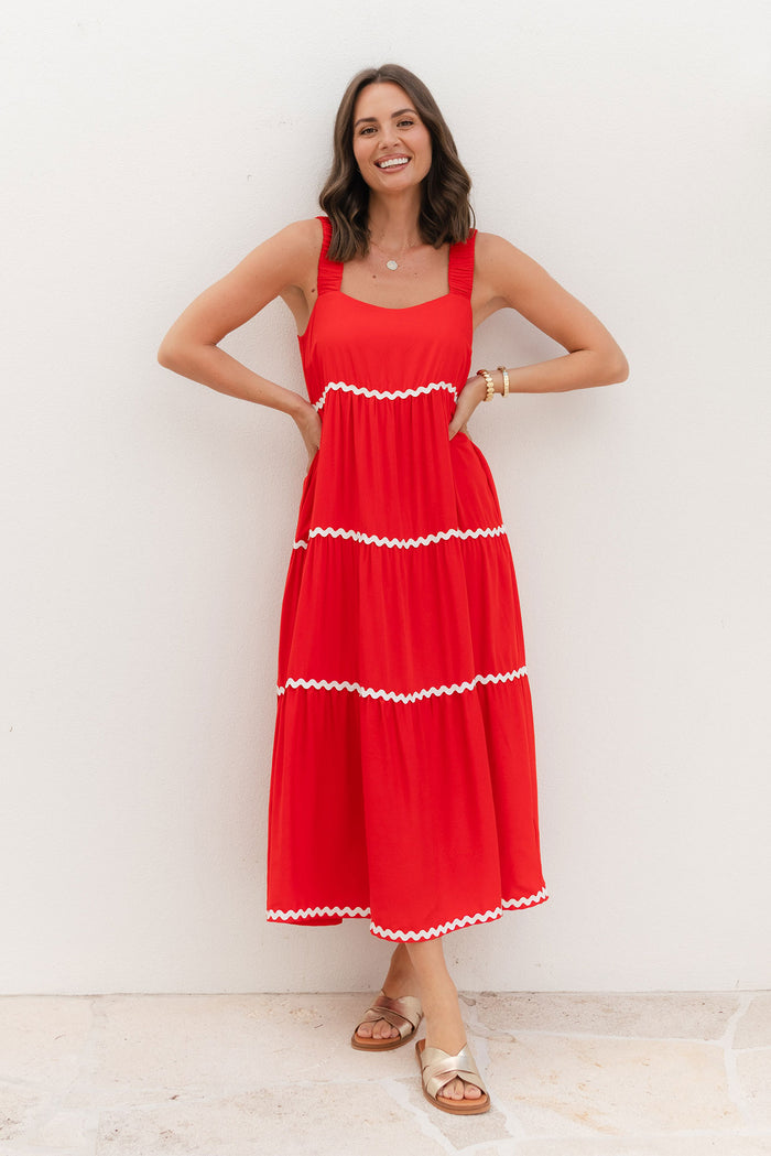 Josie Red Contrast Tier Dress,Lifestyle