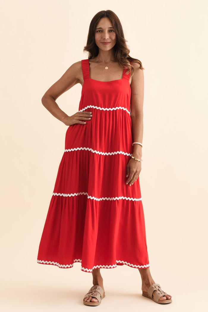 Josie Red Contrast Tier Dress,Brunette model,alt text|model:Cara