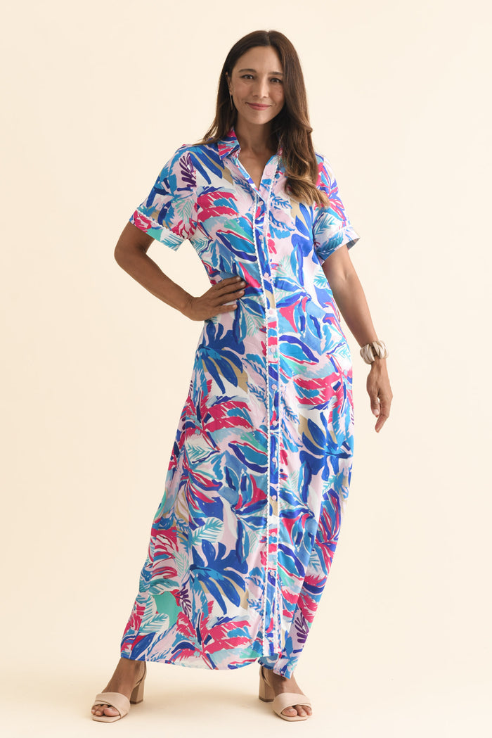 Jossalyn Indigo Leaf Tie Dress,Brunette model,alt text|model:Cara