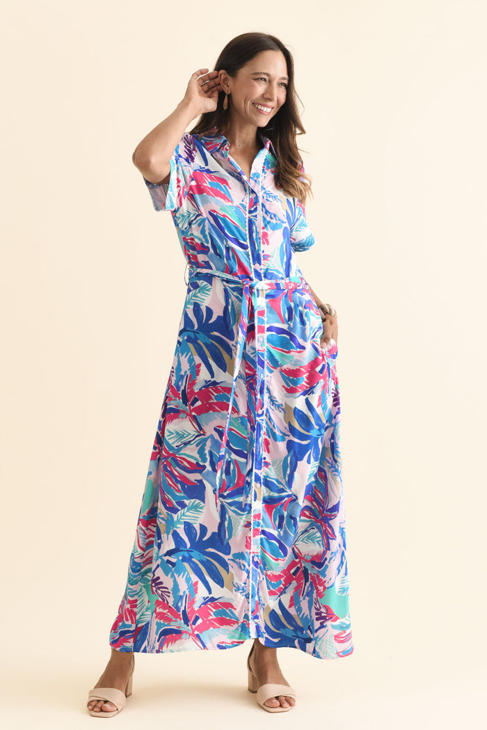 Jossalyn Indigo Leaf Tie Dress,Brunette model,alt text|model:Cara