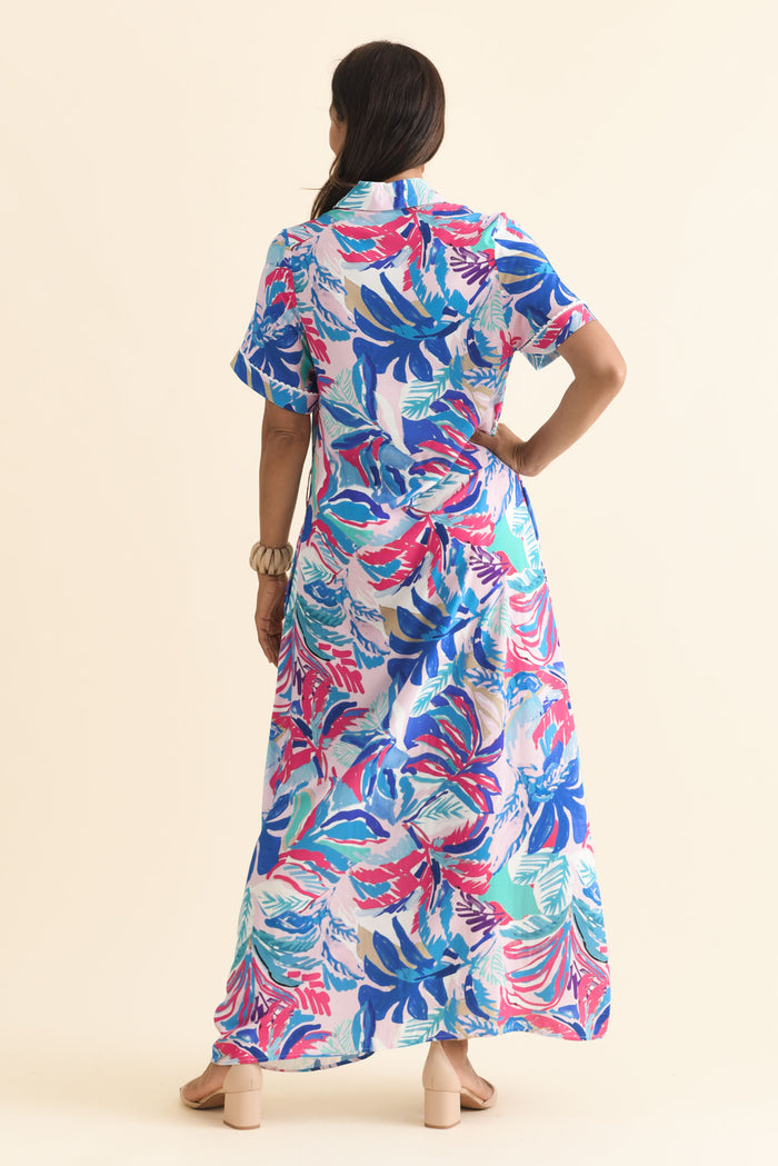 Jossalyn Indigo Leaf Tie Dress,Brunette model,alt text|model:Cara