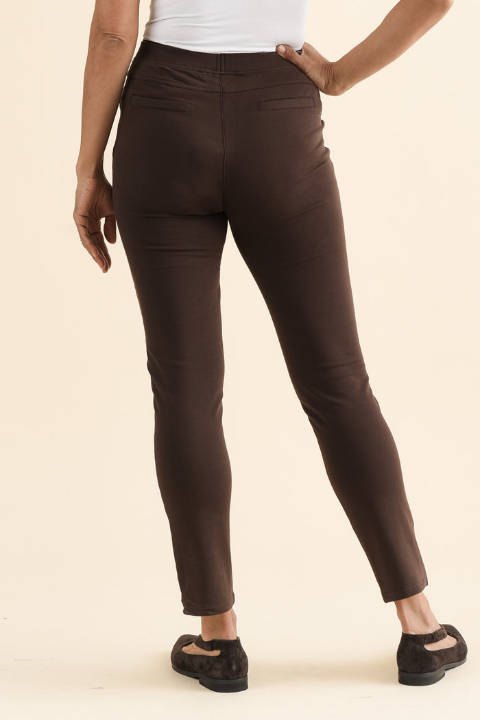 Jove Chocolate Cotton Stretch Pants,brunette model,Back of Outfit,alt text|model:Cara