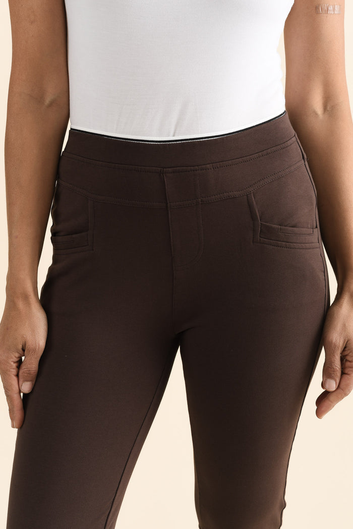 Jove Chocolate Cotton Stretch Pants,brunette model,Close up of outfit,alt text|model:Cara