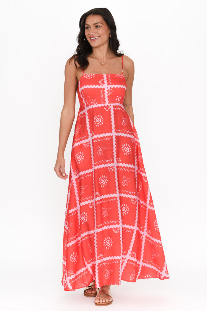 Julietta Red Tile Sleeveless Maxi Dress,Brunette model,alt text|model:Brontie