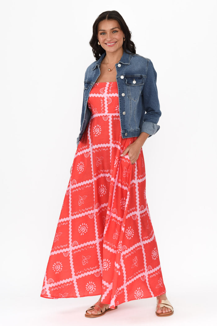Julietta Red Tile Sleeveless Maxi Dress,Brunette model,alt text|model:Brontie