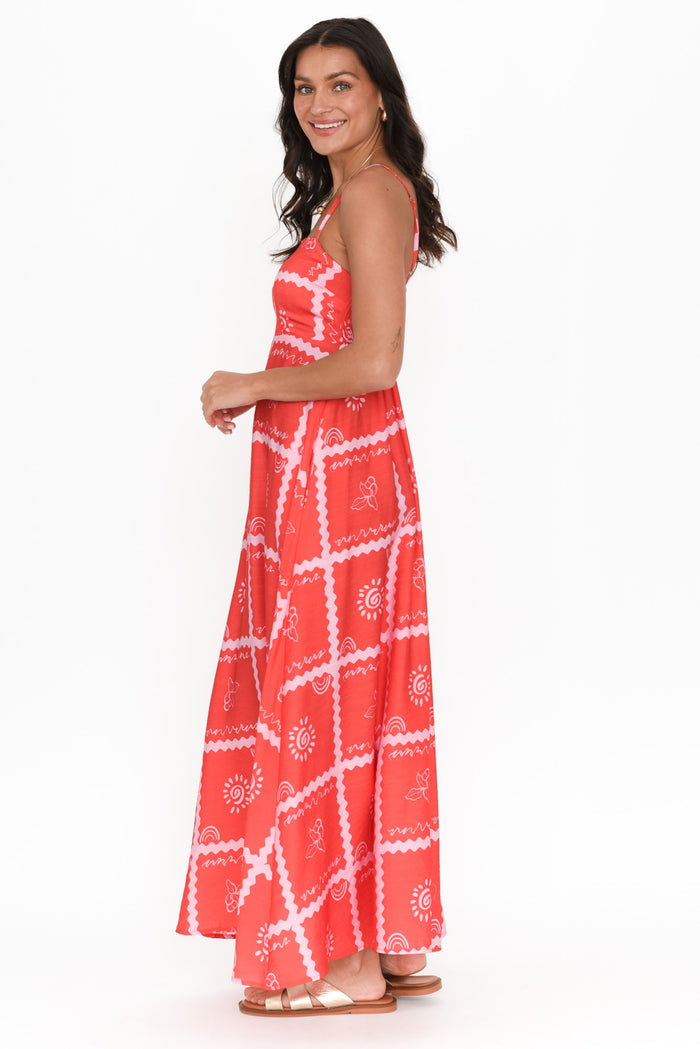 Julietta Red Tile Sleeveless Maxi Dress,Brunette model,alt text|model:Brontie