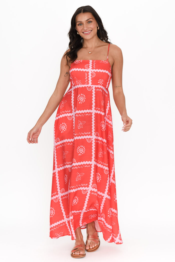 Julietta Red Tile Sleeveless Maxi Dress,Brunette model,alt text|model:Brontie