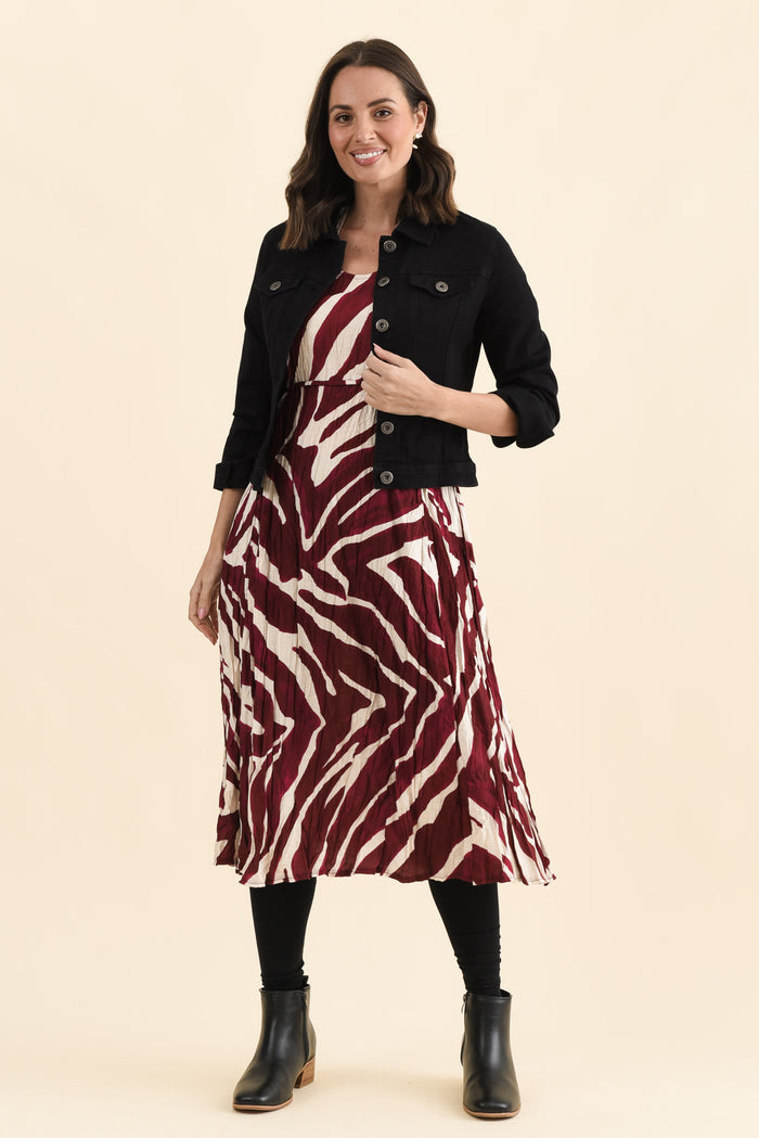 Juna Burgundy Abstract Crescent Dress,Front,Brunette model,alt text|model:MJ