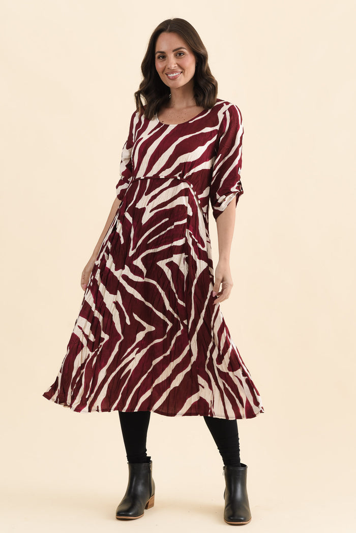 Juna Burgundy Abstract Crescent Dress,Full Body,Brunette model,alt text|model:MJ