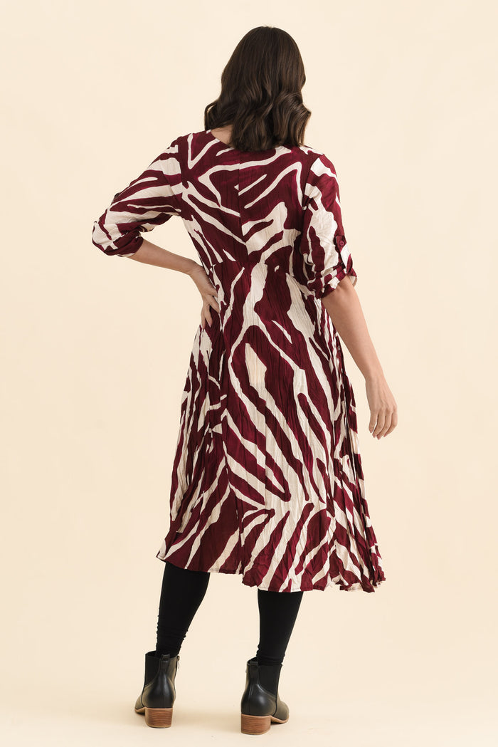 Juna Burgundy Abstract Crescent Dress,Back,Brunette model,alt text|model:MJ