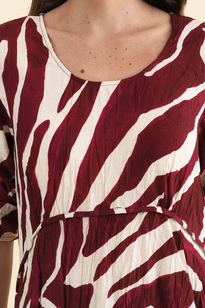 Juna Burgundy Abstract Crescent Dress,Detail,Brunette model,alt text|model:MJ
