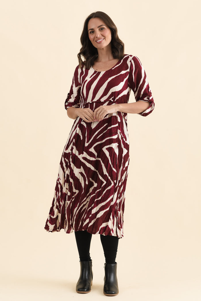 Juna Burgundy Abstract Crescent Dress,Full Body,Brunette model,alt text|model:MJ