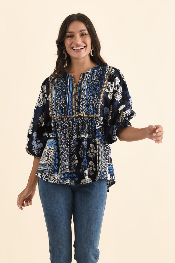 Jura Blue Motif Frill Sleeve Top,Brunette model,alt text|model:Brontie