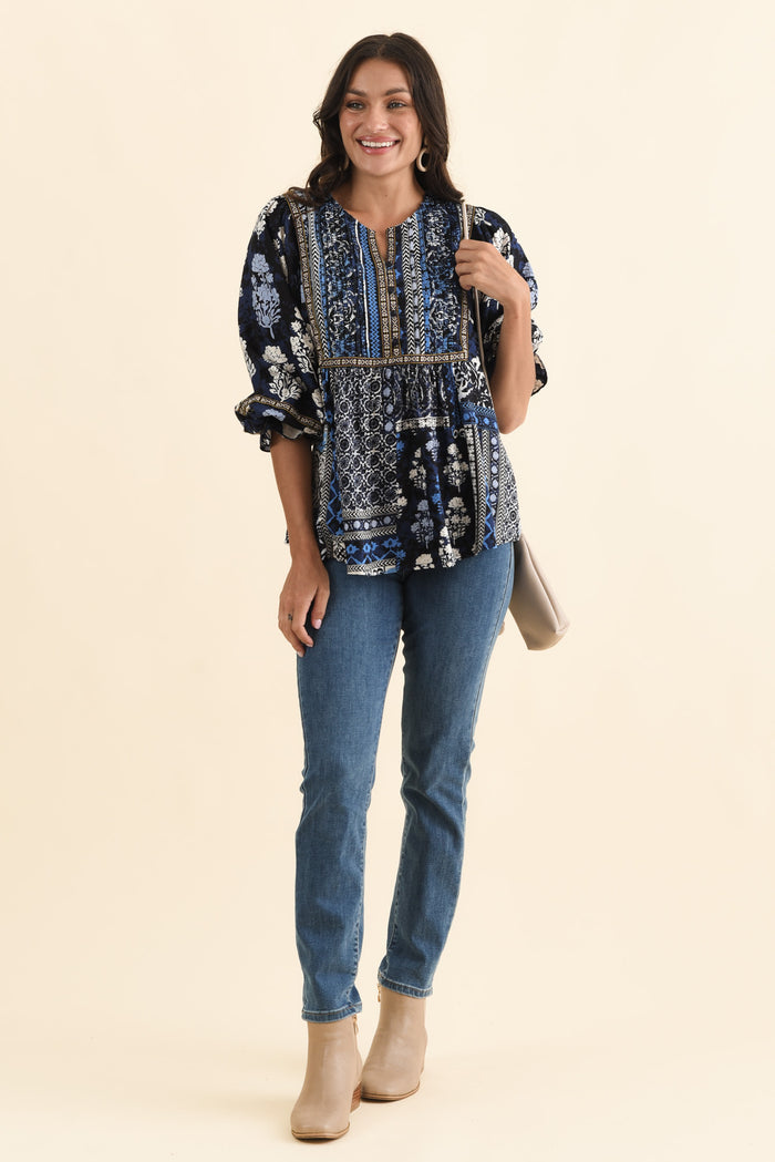Jura Blue Motif Frill Sleeve Top,Brunette model,alt text|model:Brontie