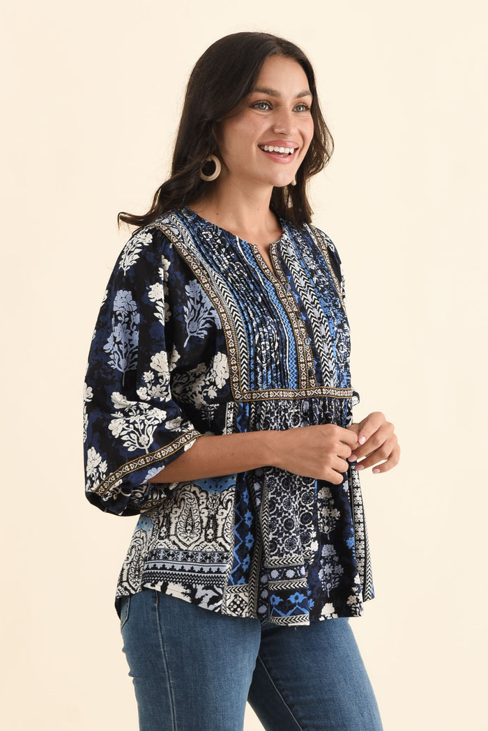 Jura Blue Motif Frill Sleeve Top,Brunette model,alt text|model:Brontie