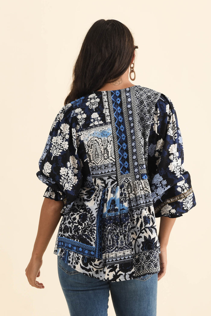 Jura Blue Motif Frill Sleeve Top,Brunette model,alt text|model:Brontie