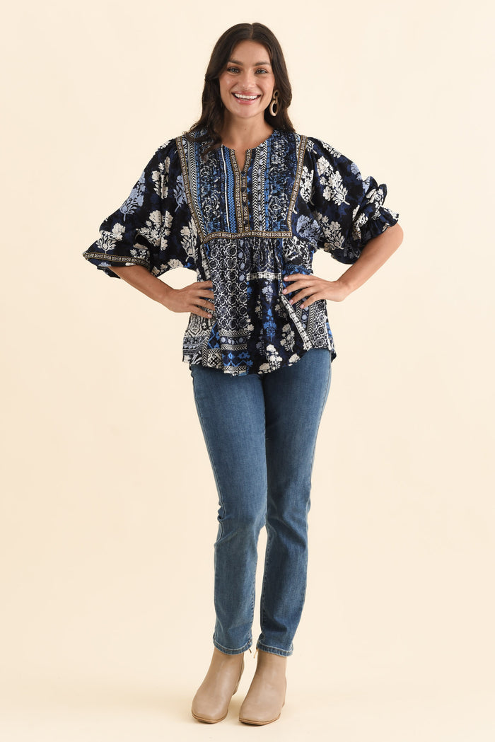 Jura Blue Motif Frill Sleeve Top,Brunette model,alt text|model:Brontie
