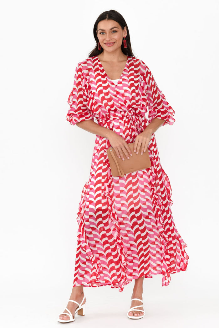 Just Love Pink Geo Ruffle Dress,Brunette model,alt text|model:Brontie