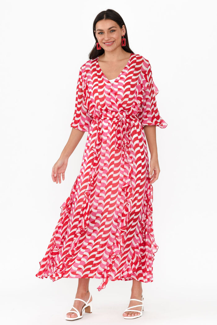 Just Love Pink Geo Ruffle Dress,Brunette model,alt text|model:Brontie