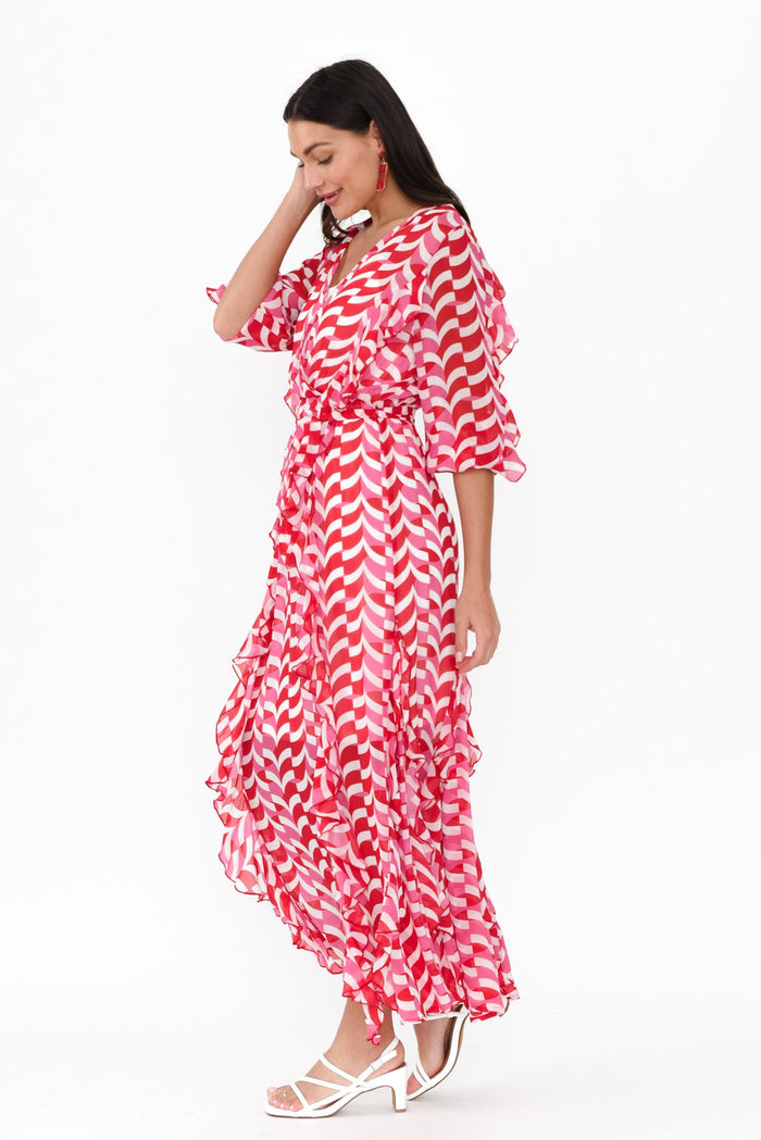 Just Love Pink Geo Ruffle Dress,Brunette model,alt text|model:Brontie