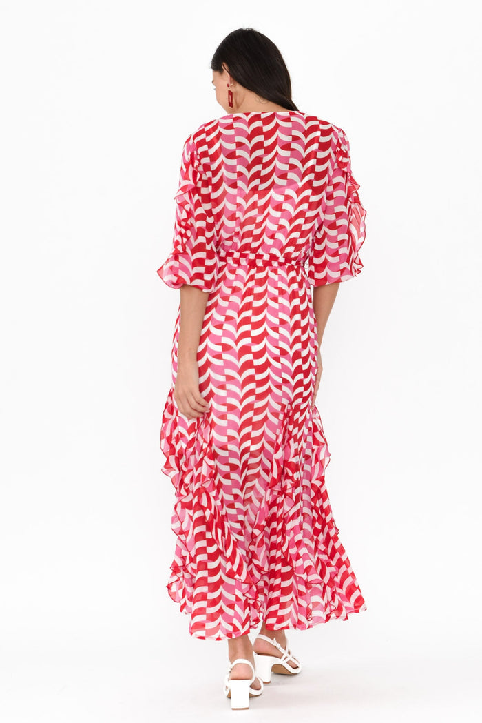 Just Love Pink Geo Ruffle Dress,Brunette model,alt text|model:Brontie