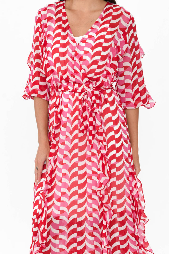 Just Love Pink Geo Ruffle Dress,Brunette model,alt text|model:Brontie