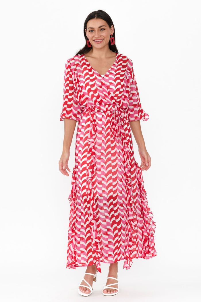 Just Love Pink Geo Ruffle Dress,Brunette model,alt text|model:Brontie