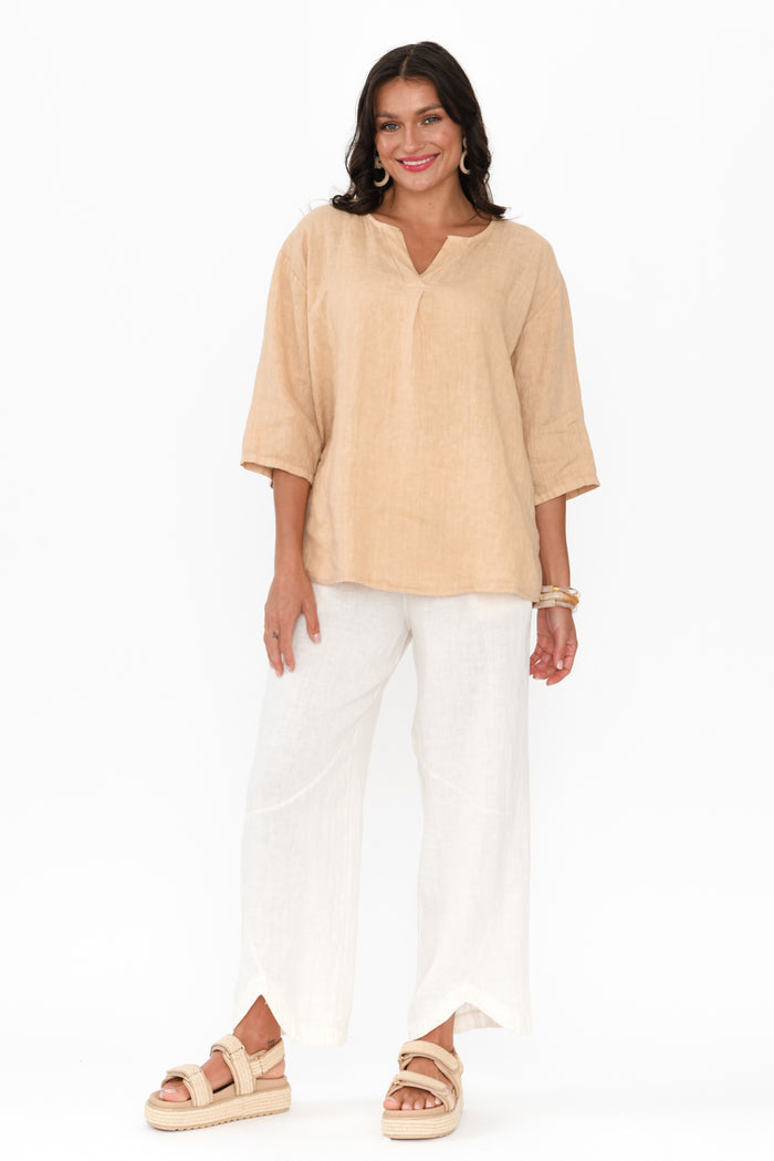 Justine Sand Linen Top,Brunette model,alt text|model:Brontie