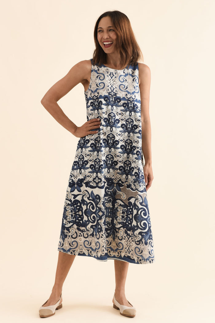 Karlan Navy Patchwork Cotton Pocket Dress,Front,Brunette model,alt text|model:Cara