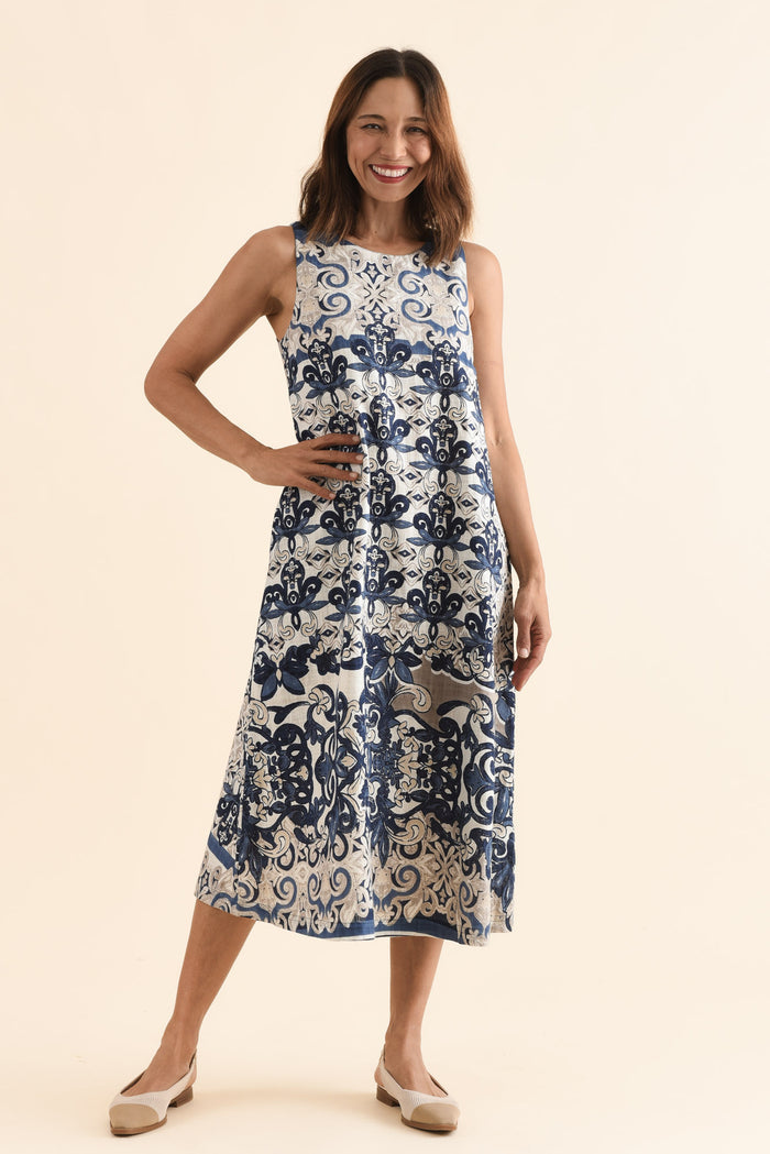 Karlan Navy Patchwork Cotton Pocket Dress,Full Body,Brunette model,alt text|model:Cara